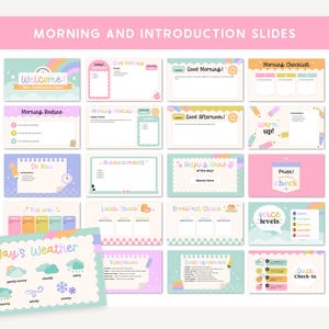 May include: A collection of colorful digital slides with the text "MORNING AND INTRODUCTION SLIDES." The slides feature various themes, including "Welcome," "Morning Routine," "Today's Weather," and "Quick Check-In." The design incorporates pastel colors and playful illustrations.