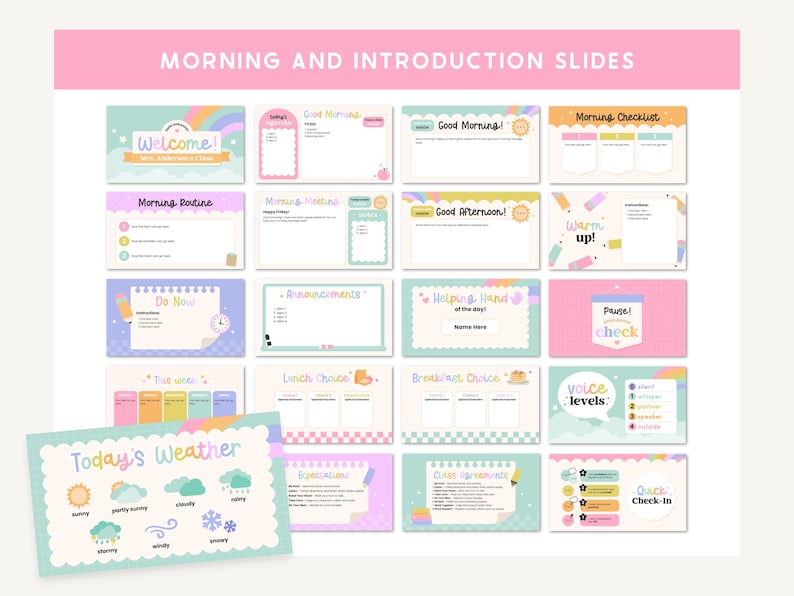 May include: A collection of colorful digital slides with the text "MORNING AND INTRODUCTION SLIDES." The slides feature various themes, including "Welcome," "Morning Routine," "Today's Weather," and "Quick Check-In." The design incorporates pastel colors and playful illustrations.
