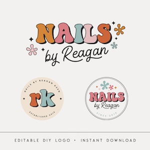 Editable Logo Designs, DIY Retro Boho Logo, Cute Nails Logo, Beauty Circle Logo, Nail Tech Logo with Watermarks, Instant Download