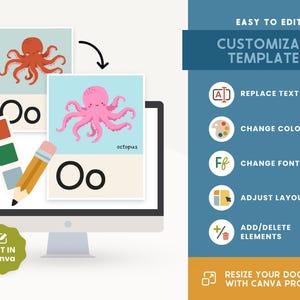 May include: A digital display showing customisable educational templates featuring octopus illustrations and the letter Oo. The graphic includes a pencil, colour swatches, and text labels such as Easy to Edit, Replace Text, Change Colours, Change Fonts, Adjust Layout, Add/Delete Elements, and Edit in Canva.