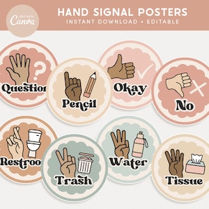 Classroom Hand Signals Poster Display, Editable in Canva, Pastel Retro Classroom Management, Teacher Templates,