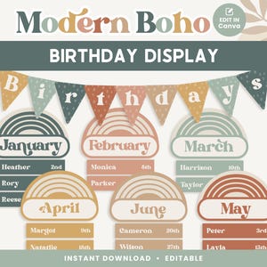 Classroom Birthday Printable Display, Editable in Canva, Boho Modern Classroom Management Decor, PDFs + Teacher Templates