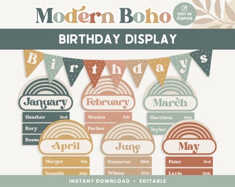 Classroom Birthday Printable Display, Editable in Canva, Boho Modern Classroom Management Decor, PDFs + Teacher Templates