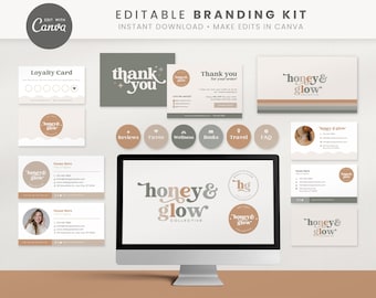 Editable Branding Kit, DIY Canva Modern Boho Logo, Retro Logo Template, Cute Simple Logo, Thank You Cards, Business Cards, Instant Download