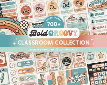 Edytowalna kolekcja Groovy Retro Classroom Complete do druku, szablony Canva, zarządzanie klasą, organizacja, wyświetlanie w klasie
