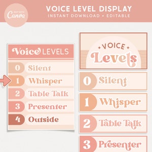 Voice Level Chart Classroom Printable Display, Editable in Canva, Boho Neutral Classroom Management Decor, PDFs + Template