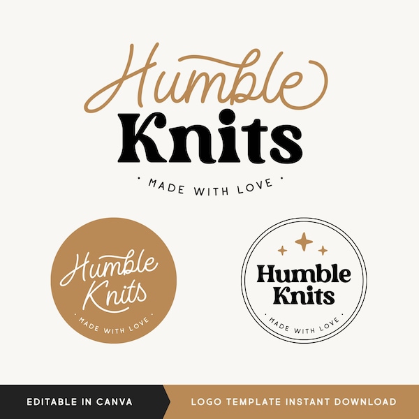 Editable Canva Logo Vintage Craft DIY Template, Handmade Knitting Branding, Retro Seamstress Logo, Instant Download