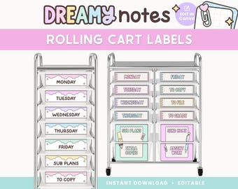 May include: Rolling cart labels with the text "Dreamy Notes". The labels are for a rolling cart and include labels for each day of the week, plus "Sub Plans", "Extra Copies", "To Copy", "To File", "To Grade", "Send Home", and "Absent Work".