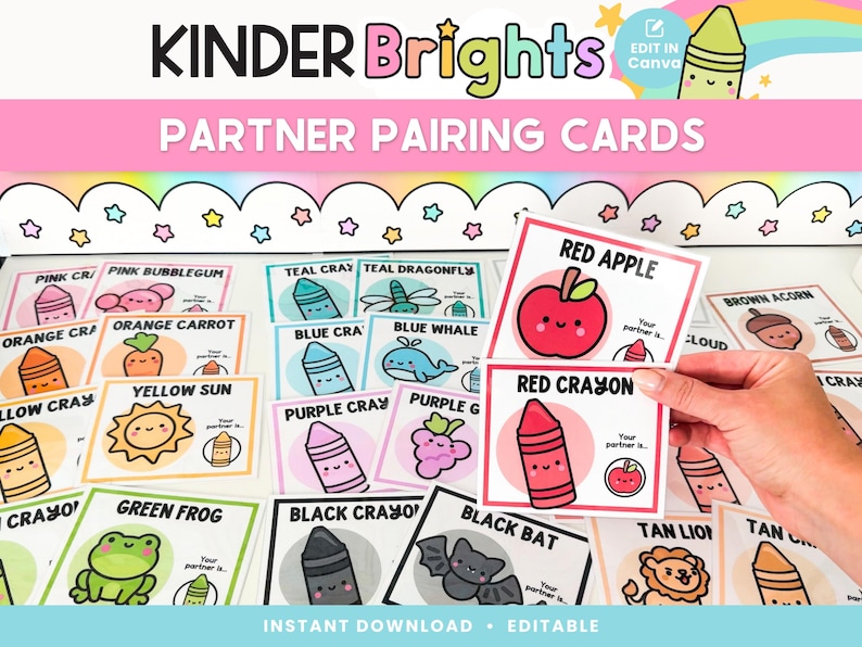 Puede incluir: Un conjunto de tarjetas de emparejamiento de socios imprimibles para estudiantes de kindergarten. Las tarjetas presentan ilustraciones coloridas de varios objetos, como una manzana roja, una ballena azul y una rana verde. Cada tarjeta tiene el texto "Tu compa&ntilde;ero es..." y un espacio para que los estudiantes escriban el nombre de su compa&ntilde;ero.