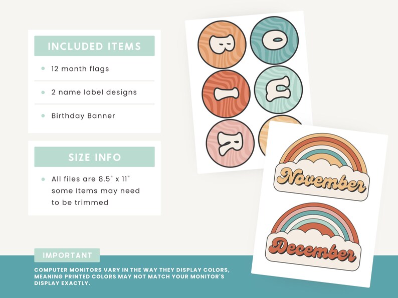 Afdrukbare display verjaardag klas, bewerkbaar in canva, Groovy Retro decor klasmanagement, pdf's + sjablonen voor docent afbeelding 2