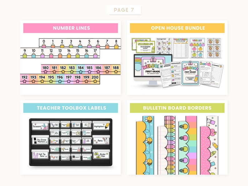 May include: A collection of colorful educational resources for the classroom. Includes number lines, an open house bundle with a computer screen, teacher toolbox labels, and bulletin board borders. The text includes "Number Lines", "Open House Bundle", "Teacher Toolbox Labels", and "Bulletin Board Borders".