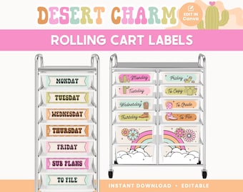 Classroom Rolling Trolley Cart Labels, Editable Teacher Drawer Filing, Bright Desert Classroom Organization, PDFs + Canva Editable Files