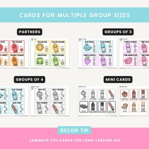 Puede incluir: Un conjunto de tarjetas imprimibles para actividades grupales. Las tarjetas presentan ilustraciones coloridas de objetos y palabras, como una manzana roja, una ballena azul y una llave gris. Las tarjetas est&aacute;n organizadas en grupos de 2, 3 y 4, y tambi&eacute;n hay mini tarjetas. El texto "CARDS FOR MULTIPLE GROUP SIZES" est&aacute; en la parte superior de la imagen. El texto "LAMINATE YOU CARDS FOR LONG-LASTING USE" est&aacute; en la parte inferior de la imagen.