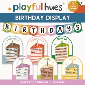 May include: A colorful birthday display with the text "BIRTHDAY DISPLAY" and "BIRTHDAYS". The display includes cake-shaped cards for each month, with names and dates. The design features a playful font and an apple graphic.