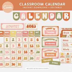 Classroom Calendar Display and Weather Station, Printable Retro Groovy Classroom Decor, PDFs + Canva Editable Templates