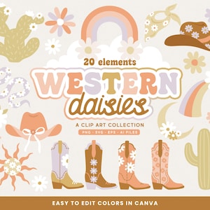 Western madeliefjes Clip Art SVG's, PNG's, EPS, AI-bestanden, cowboyhoed, laarzen, cactus, woestijn, Daisy Canva clipartillustraties