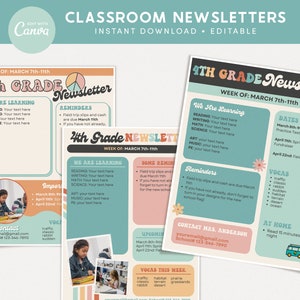 Plantillas editables de boletines informativos en el aula, Groovy Back to School, Aula retro, Plantillas Canva para profesores, DESCARGA INSTANTÁNEA