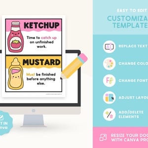 May include: A computer screen displays a customizable template with the words "Ketchup" and "Mustard" in a playful design. The template includes options to replace text, change colors, fonts, and layout, and add or delete elements.