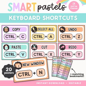 Editable Keyboard Shortcut Posters for Classroom | PC & Mac | Editable Canva Tech Posters | Pastel Elementary Decor