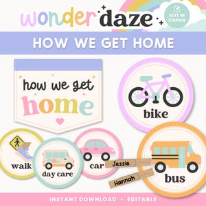 Może przedstawiać: Grafika cyfrowa z tekstem "wonderdaze" i "HOW WE GET HOME". Obraz zawiera ilustracje roweru, autobusu, samochodu i innych opcji transportu. Tekst "INSTANT DOWNLOAD + EDITABLE" znajduje się na dole.