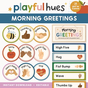 Peut inclure: Téléchargement numérique avec des graphiques "Playful Hues" pour les salutations matinales. Comprend des cercles avec des icônes comme une abeille, une pomme et des gestes de la main, ainsi que des étiquettes rectangulaires pour "High Five", "Hug", etc. Le texte "Morning Greetings" est affiché.