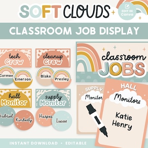 Editable Classroom Job Display, Modern Cute Classroom Decor, Canva Pastel Classroom Management - INSTANT DOWNLOAD PDFs + Editable Template