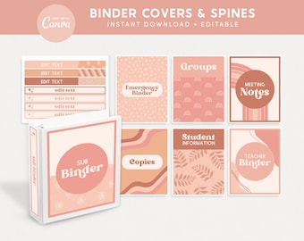 May include: Printable binder covers and spines in a peach and brown color scheme with various patterns and text. The text includes "Emergency Binder", "Groups", "Meeting Notes", "Copies", "Student Information", "Teacher Binder", and "Sub Binder".