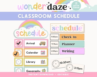 Tarjetas de horario visual editables / Exhibidor de horario de aula colorido / Conjunto de rutina diaria moderna en tonos pastel / Plantilla editable para el profesor
