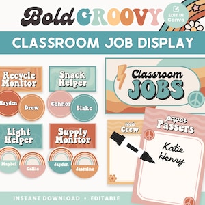 Classroom Job Display, Editable Groovy Canva Templates, Retro Classroom Decor, Teacher Management, PDFs + Templates