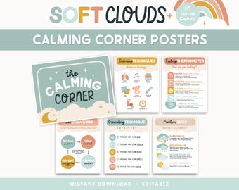 Calming Corner Editable Classroom Printables | Calm Down Skills | Cute Canva Classroom Decor - INSTANT DOWNLOAD PDFs + Editable Template