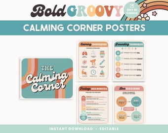 Calming Corner Editable Classroom Printables, Groovy Retro Canva Classroom Decor, Calm Down Skills - PDFs + Templates