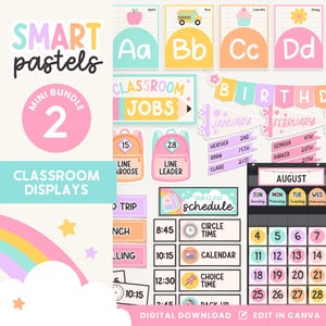 Editable Classroom Display Printable Bundle, Bright Pastels Alphabet, Calendar, Schedule, Jobs, Birthdays, PDFs Canva Editable Files