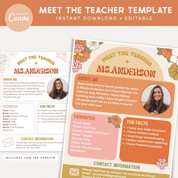 Meet the Teacher Classroom Printable Template, Teacher Introduction, Bright Groovy Retro Classroom Canva, INSTANT DOWNLOAD Editable Template