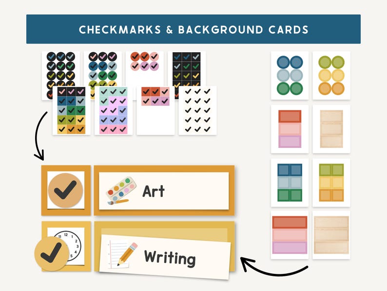 Op de afbeelding: Een verzameling vinkjes- en achtergrondkaarten. De kaarten tonen vinkjes in verschillende kleuren, samen met kaarten met de labels "Art" en "Writing". De tekst "CHECKMARKS & BACKGROUND CARDS" staat bovenaan.