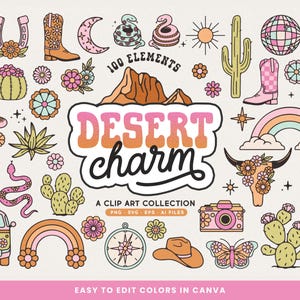 Imágenes prediseñadas de encanto del desierto (SVG, PNG, EPS y AI) del oeste: cactus, botas de vaquero, estilo moderno, montañas, arcoíris, discoteca, ilustraciones prediseñadas