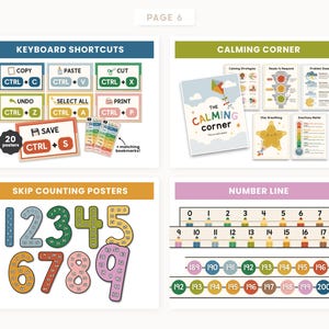 May include: A collection of educational posters including Keyboard Shortcuts with CTRL commands, a Calming Corner set with emotional regulation charts, Skip Counting Posters featuring large numbers 1-9, and a Number Line with coloured pencil graphics.