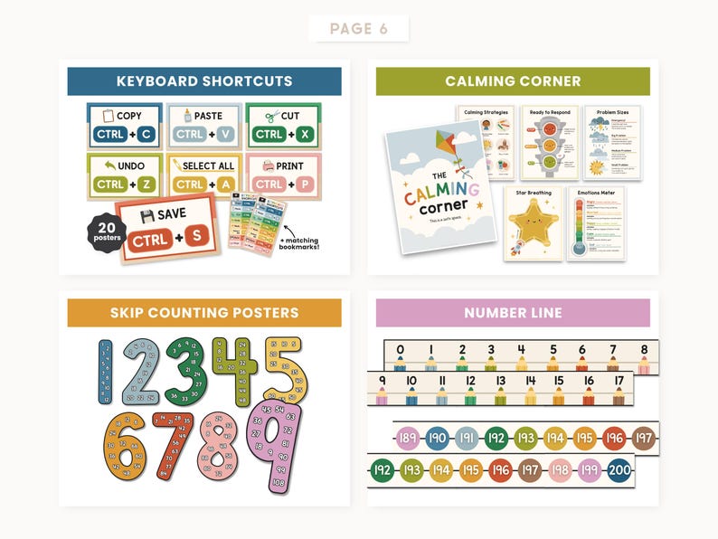 May include: A collection of educational posters including Keyboard Shortcuts with CTRL commands, a Calming Corner set with emotional regulation charts, Skip Counting Posters featuring large numbers 1-9, and a Number Line with coloured pencil graphics.