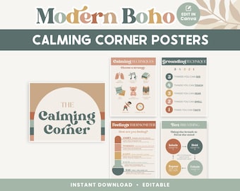 Calming Corner Editable Classroom Printables, Modern Boho Canva Classroom Decor, Calm Down Skills - PDFs + Templates