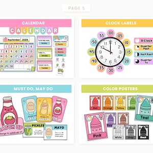 May include: A colorful educational print featuring a calendar for September 2025, clock labels, color posters, and "Must Do, May Do" cards. The calendar includes a rainbow and weather icons. The clock labels show times in increments of five minutes.