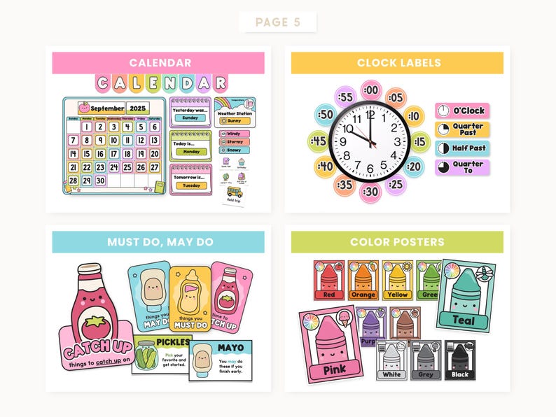 May include: A colorful educational print featuring a calendar for September 2025, clock labels, color posters, and "Must Do, May Do" cards. The calendar includes a rainbow and weather icons. The clock labels show times in increments of five minutes.