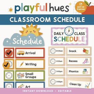 Op de afbeelding: Een klassenschema met de tekst "Playful Hues" en "Classroom Schedule". Het schema bevat tijden voor aankomst, schrijven, kleine groepen, kunst, snack, pauze, klankleer en opruimen. Het ontwerp bevat afbeeldingen van een zon, wolken en een appel.