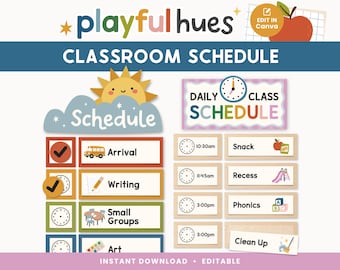 Bewerkbare lesroosterkaarten | Kleurrijke visuele tijdschemaweergave | Dagelijkse routines met speelse tinten | Bewerkbare leraarsjabloon voor thuisonderwijs