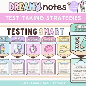 Op de afbeelding: Een pastelkleurige educatieve poster getiteld "Dreamy Notes" met strategieën voor het afleggen van examens. De poster bevat geïllustreerde potloden met tips als "Power Up", "Read Directions First" en "Check Your Work". De tekst "Testing Smart" is prominent aanwezig.