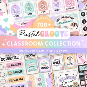 Editable Classroom Groovy Pastel Complete Collection Printable Bundle, Canva Templates Classroom Management, Organization Classroom Display