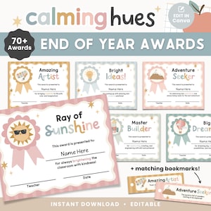 Puede incluir: Una colección de premios de fin de curso con un tema de tonos relajantes. Los premios presentan diseños para Amazing Artist, Bright Ideas, Adventure Seeker, Ray of Sunshine, Master Builder y Big Dreamer. Incluye marcadores a juego. El texto dice "Descarga instantánea + Editable".