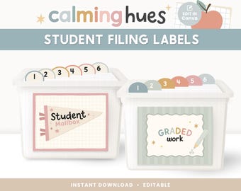May include: Two white plastic storage bins with student filing labels. The left bin features a pennant graphic labeled Student Mailbox. The right bin has a label reading GRADED work with a pencil icon. Both bins contain numbered dividers 1 through 6.