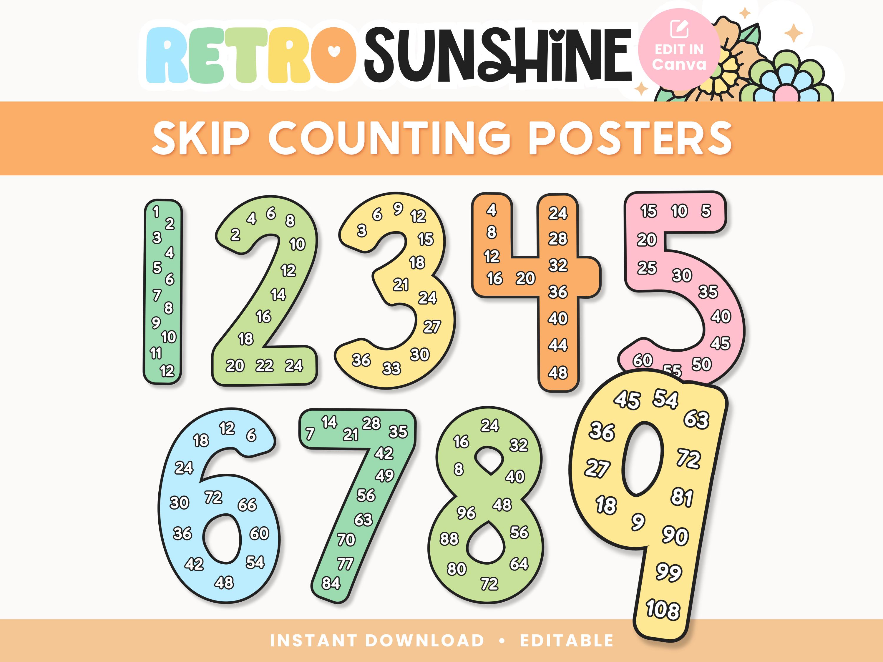 Editable Skip Counting Posters | Retro Sunshine Classroom Math Wall ...