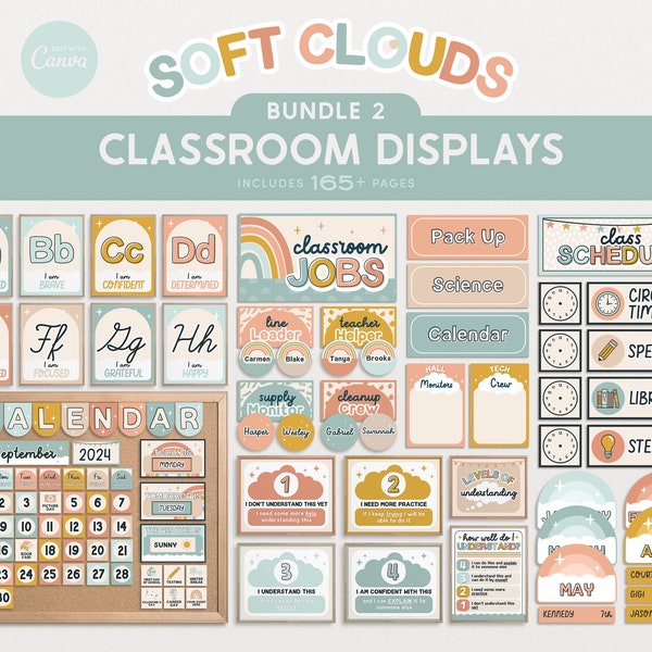 Editable Pastel Classroom Decor, Soft Clouds Printable Teacher Bundle, Calendar Canva Templates, Jobs, Schedule, Class Birthdays