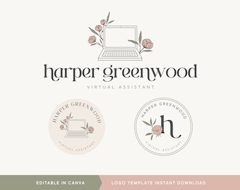 Editable Logo Design, DIY Canva Modern Laptop Logo Template, Elegant Virtual Assistant Marketing Logo, Instant Download