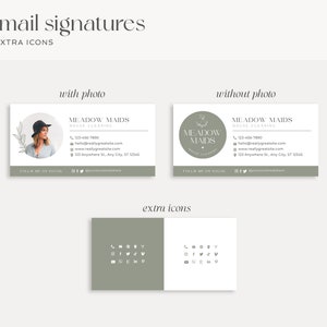 Puede incluir: Dos plantillas de firma de correo electr&oacute;nico para un negocio de limpieza de casas llamado Meadow Maids. La primera plantilla incluye una foto de una mujer y la segunda plantilla incluye un logotipo. Ambas plantillas incluyen el nombre del negocio, el n&uacute;mero de tel&eacute;fono, la direcci&oacute;n de correo electr&oacute;nico, la direcci&oacute;n del sitio web y la direcci&oacute;n f&iacute;sica. Las plantillas tambi&eacute;n incluyen iconos de redes sociales para Facebook, Twitter e Instagram. Las plantillas est&aacute;n sobre un fondo blanco con un borde verde claro.